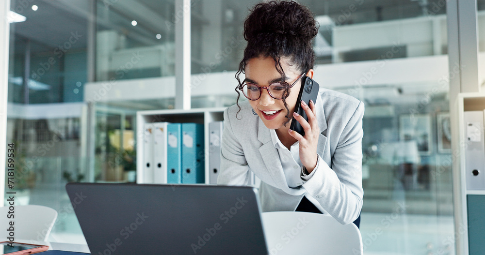 Wall mural phone call, laptop and happy corporate woman, advocate or attorney smile for online results, proposa