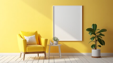 mockup poster frame using a yellow and white color scheme, placed in a sunlit interior toa warm and inviting atmosphere