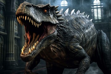 Enormous dinosaur with fierce expression, roaring up close in a controlled environment. Generative AI