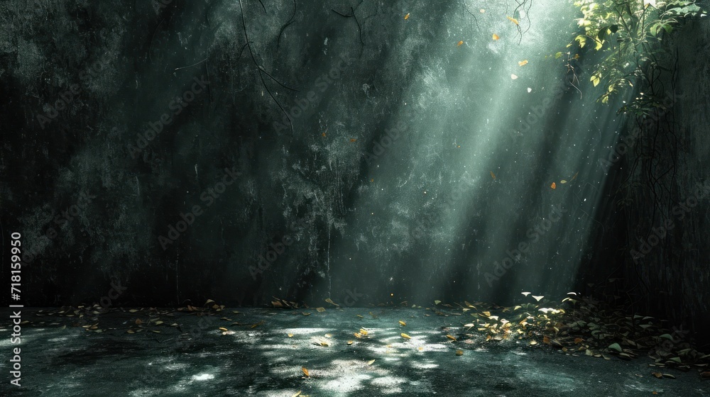Wall mural an image of a dark forest scene with sunlight streaming through the trees and leaves falling from th