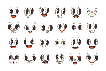 Set of 70s groovy comic faces vector. Collection of cartoon character faces, in different emotions. Groovy stickers.