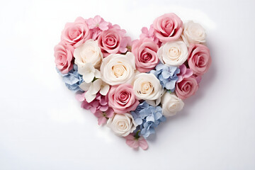 Delicate flowers pink and white roses, blue hydrangeas in the shape of a heart on a white background, a bouquet in the shape of a heart, a heart of flowers.