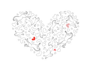 Horses and hearts forming a heart shape. Black and white vector illustration