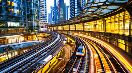 Fototapeta na wymiar Modern City Transportation, Fast Moving Train in Urban Landscape, Night Cityscape and Railway Travel