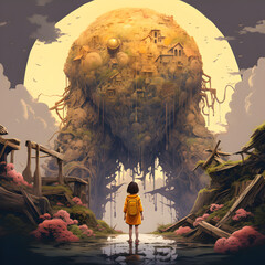 Young boy near the tree young boy looking at the giant autumn tree at the horizon digital art style illustration painting,,
little girl standing in front of a giant robot
