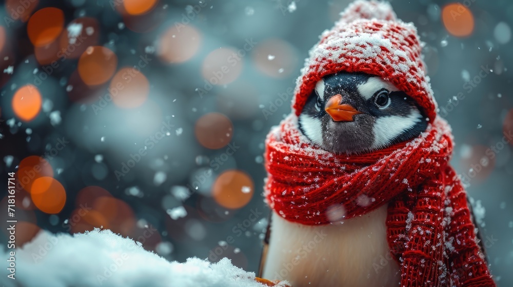 Poster  a small penguin wearing a red scarf and a red knitted hat is standing in the snow in front of a blurry background of orange and white boke.