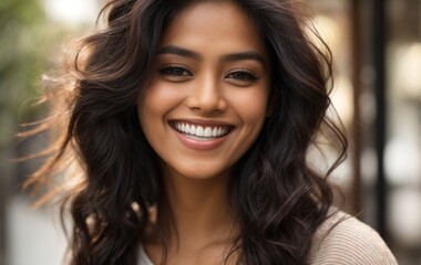 a closeup photo portrait of a beautiful young asian indian model woman smiling with clean teeth
