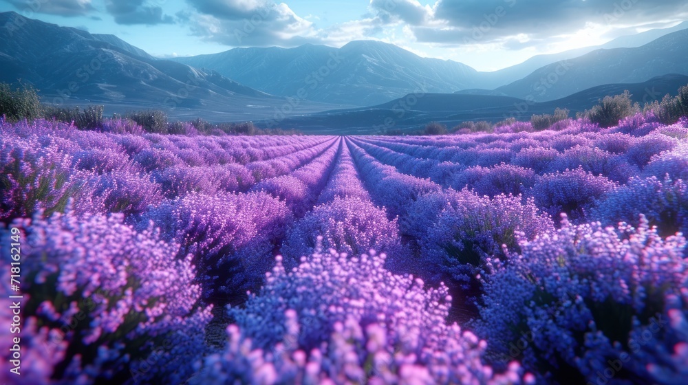 Poster  a field of lavender flowers in front of a mountain range with a blue sky and clouds in the background, with mountains and clouds in the distance, in the foreground, in the foreground, a.