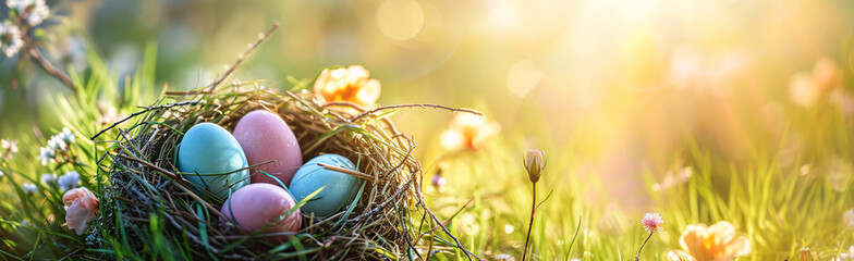 Obraz na płótnie Canvas Buntes Osternest mit Eiern im Gras an einem sonnigen Frühlingstag - Osterdekoration, Banner, Panorama, Hintergrund