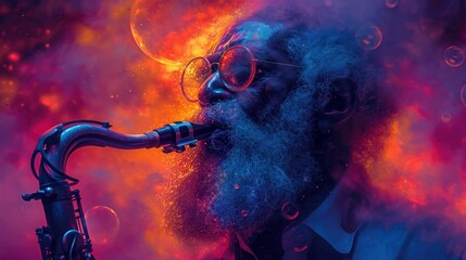  a painting of a man with a long beard and glasses playing a saxophone in front of a red and blue background with bubbles of light coming from the top of the pipe.