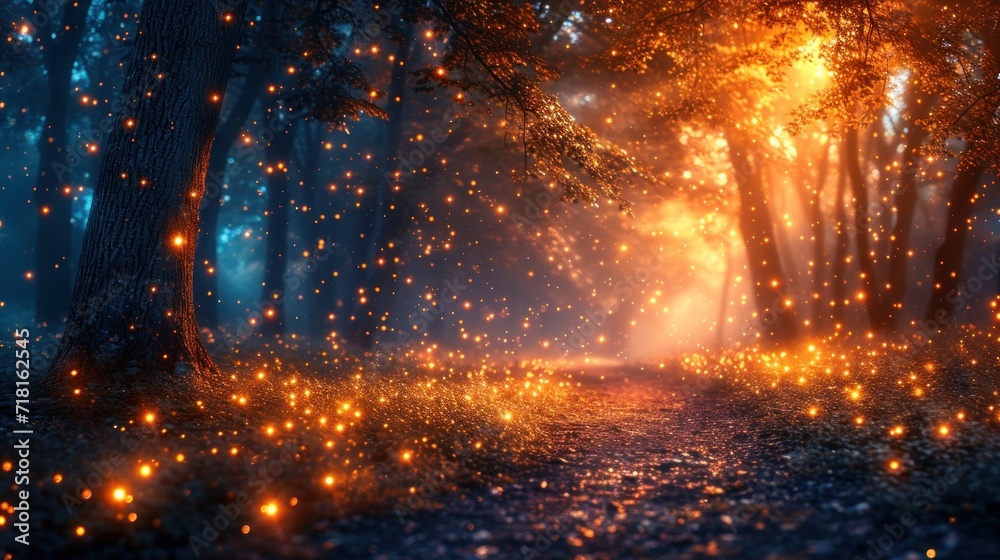 Wall mural a path in the middle of a forest with lots of fireflies in the air and glowing lights coming out of 