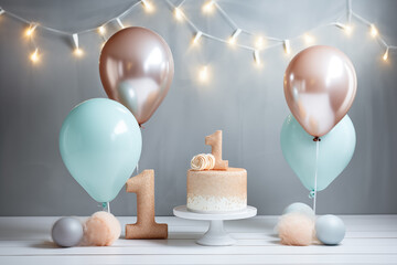 Birthday photo zone. Party celebration background. Balloons and cake.