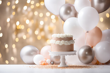 Fototapeta na wymiar Birthday photo zone. Party celebration background. Balloons and cake.