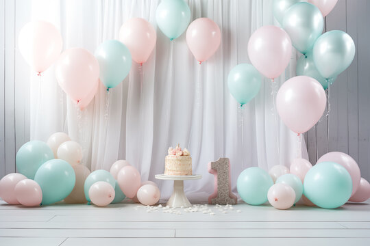 Birthday photo zone. Party celebration background. Balloons and cake.