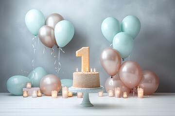 Fototapeta na wymiar Birthday photo zone. Party celebration background. Balloons and cake.