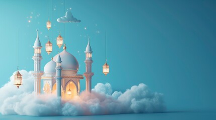 mosque with lantern ramadan islamic banner. Generative AI