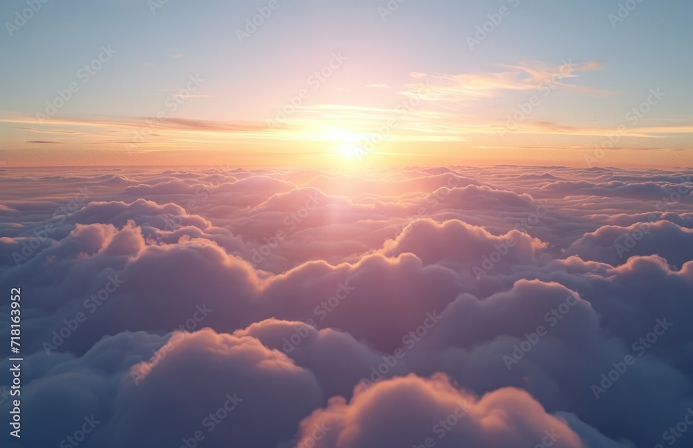 Wall mural the sun is setting over the clouds in the sky as seen from the window of a plane on the way to the a