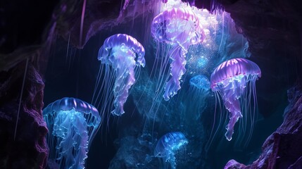 Group of Jellyfish Swimming in Cave, Mesmerizing