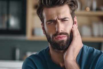 Fototapeta premium Man suffering from toothache presses his cheek shows pain and discomfort at home close up