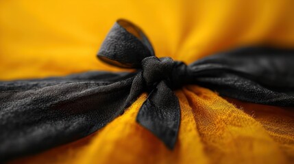  a close up of a black and yellow cloth with a bow on the end of it's end of a piece of cloth with a yellow and black ribbon on the end of the end of the end of it. - obrazy, fototapety, plakaty