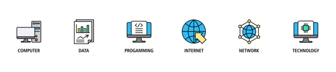 Information technology banner web icon set vector illustration concept with icon of computer, data, programming, database, internet, network, and technology