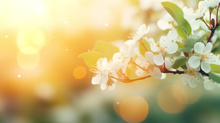 Ambiance printanière, fleurs blanches, sur les branches d'un arbre, cerisier. Arrière-plan de flou et lumière claire, ensoleillé. Printemps, été. Pour conception et création graphique - obrazy, fototapety, plakaty