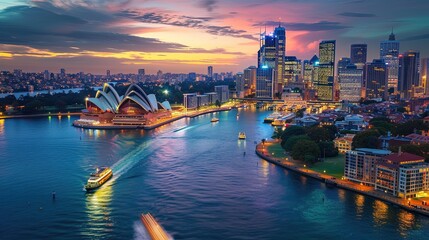 Sydney cityscape at sunset with Sydney Opera House and Sydney Harbour Bridge, ai generative