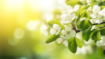 Ambiance printanière, fleurs blanches, sur les branches d'un arbre, cerisier. Arrière-plan de flou et lumière claire, ensoleillé. Printemps, été. Pour conception et création graphique - obrazy, fototapety, plakaty
