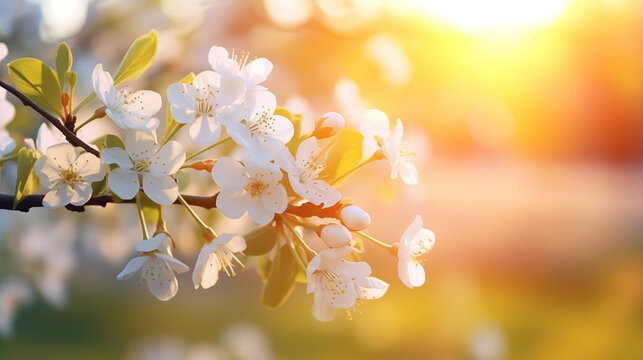 Ambiance printani&egrave;re, fleurs blanches, sur les branches d'un arbre, cerisier. Arri&egrave;re-plan de flou et lumi&egrave;re claire, ensoleill&eacute;. Printemps, &eacute;t&eacute;. Pour conception et cr&eacute;ation graphique