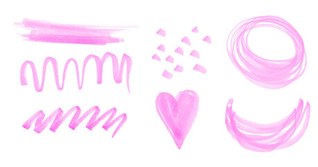 Marker Drawing-like Wavy Lines, Stripes, Cricle and Heart. No Background. Pastel Pink Freehand Abstract Doodle. Light Pink Childish Scribbles.