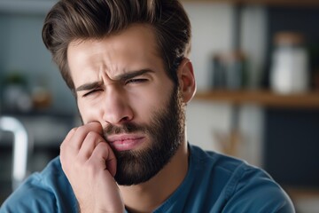 Fototapeta premium Man suffering from toothache presses his cheek shows pain and discomfort at home close up