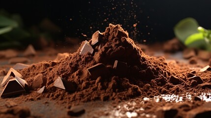 A pile of chocolate shavings and cocoa powder for baking in - obrazy, fototapety, plakaty