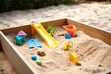 Sandbox with toys. Wooden box with children's toys on the sand in the garden.  Children's sandpit in a children's playroom on a sunny summer day. childhood concept with copy space.