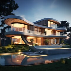 3D rendering of modern house modern cozy house with garage for sale or rent with beautiful landscaping on background Ai generated