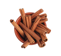 Dry aromatic cinnamon sticks in bowl isolated on white, top view