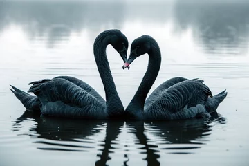 Foto op Aluminium Two black swans on a lake forming a heart with their heads - Generative AI © Studio F.