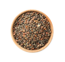 Raw lentils in bowl isolated on white, top view