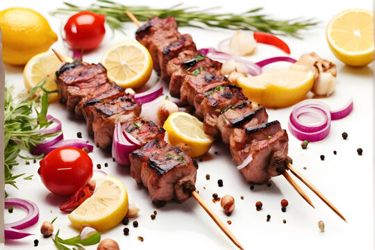 Grilled meat kebabs skewers with fresh vegetables, lemon, onion and spices isolated on white background