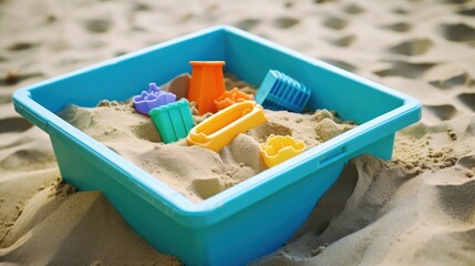 Fototapeta na wymiar Sandbox with toys. Wooden box with children's toys on the sand in the garden. Children's sandpit in a children's playroom on a sunny summer day. childhood concept with copy space.