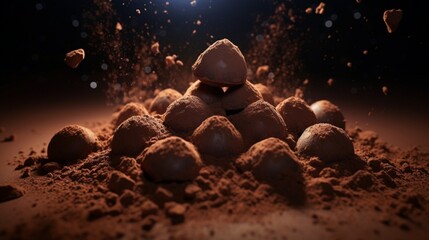 A pile of dark chocolate truffles with intricate, textured cocoa dusting.