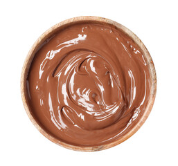 Tasty melted milk chocolate in bowl isolated on white, top view