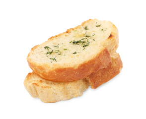 Pieces of tasty baguette with dill isolated on white