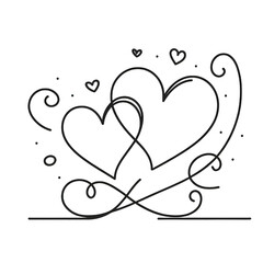 One continuous line drawing of couple hearts and love symbol.