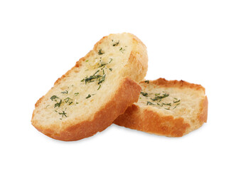 Pieces of tasty baguette with dill isolated on white