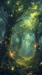 Vibrant Forest Illuminated by Countless Fireflies