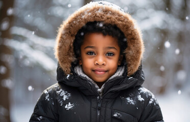 Child with winter snow forest, winter natural background