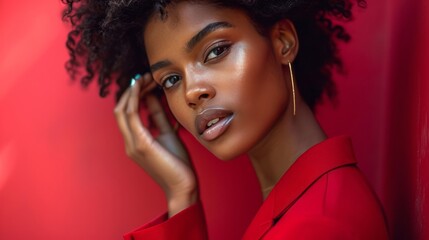 Close up portrait of a young African American woman wearing a red jacket on a red studio background. Beautiful sexy black model with afro hairstyle touches her face with her hand. Glamor and fashion.