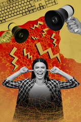 Vertical collage creative poster monochrome effect scream tired mad young woman close ears noise megaphone hold negative template