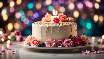 cake decorated with candles and roses. Romantic love concept. Valentine's, Mother's Day, Birthday Cake card Background. Horizonlal.	