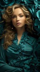 Fashion models radiating confidence in luxurious fabrics against a captivating teal